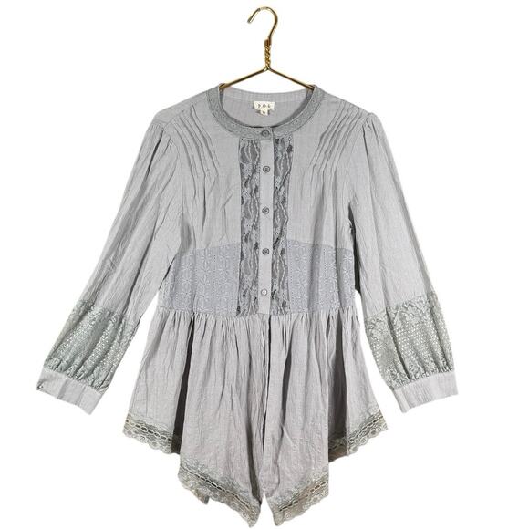 POL Cotton Lace Button Front Tunic Top Gray | Peasant Boho Blouse | Small - Picture 12 of 12